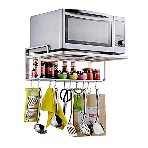 Aluminum Microwave Oven Wall Mount Double Deck Shelf With Hooks G223