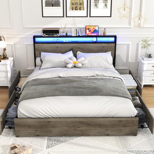 Black Full Size Bed Frame with Headboard, LED, 4 Storage Drawers, Charging Station Z969