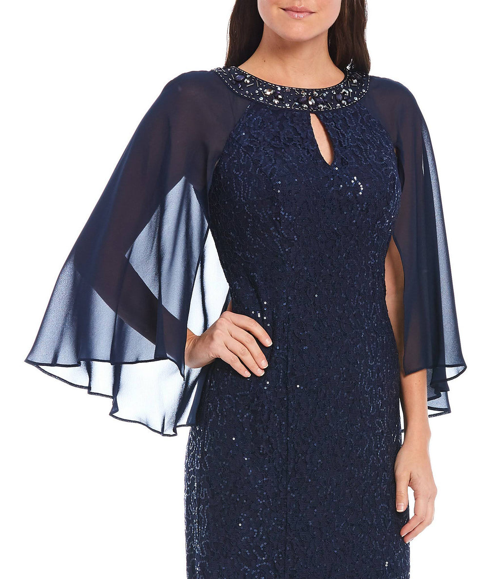 Sequin Lace Chiffon Capelet Gown S54494