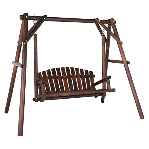 6.5' Outdoor Porch Swing Rustic Loveseat Solid Wooden Natural Log Garden Swing (Carbonized) B65676