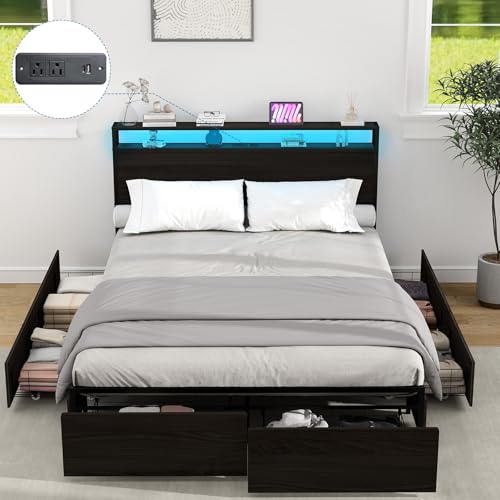 Black Full Size Bed Frame with Headboard, LED, 4 Storage Drawers, Charging Station Z969