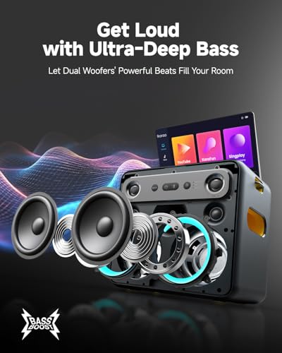 Smart Karaoke Machine with Lyrics Display, 32GB, 2 Wireless Mics, 300W Peak Power, 4 DJ Lights B568