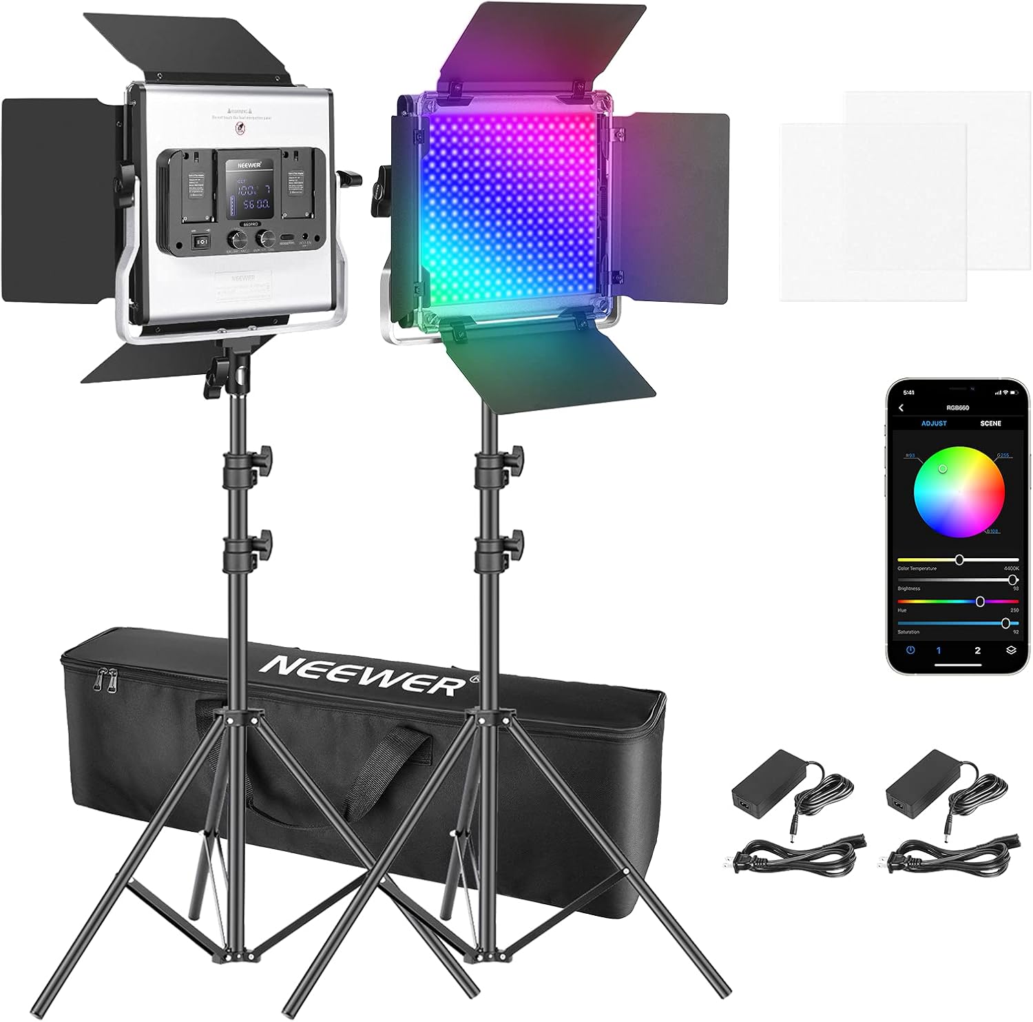 2-Pack Dimmable RGB LED Video Light Kit with Stands and Bag O60848