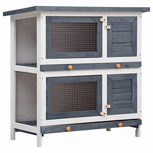 Gray Wood Pet Rabbit Hutch with Mesh Door and Green Roof F387