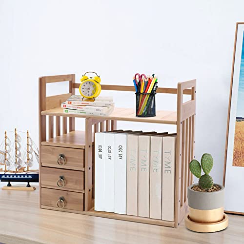 Bamboo Desktop Bookshelf with 3 Drawers (Nut-Brown) Q947