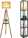 Wood Tripod Floor Lamp with Beige Linen Texture Shade I385