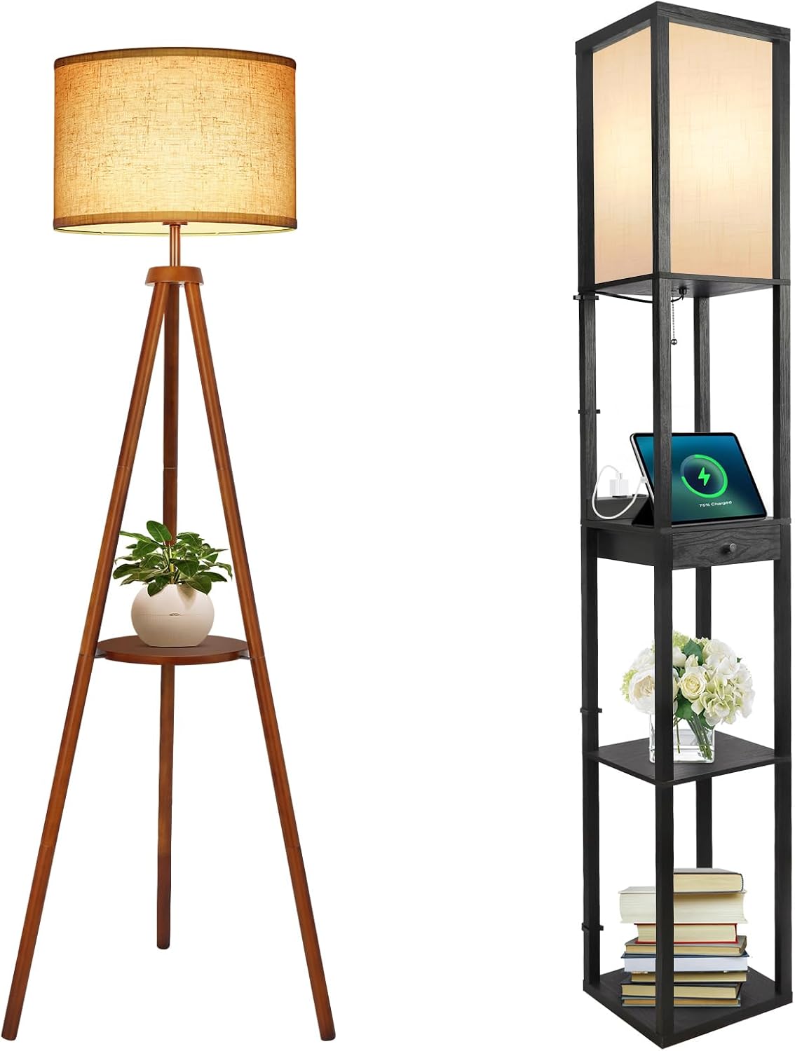 Wood Tripod Floor Lamp with Beige Linen Texture Shade I385
