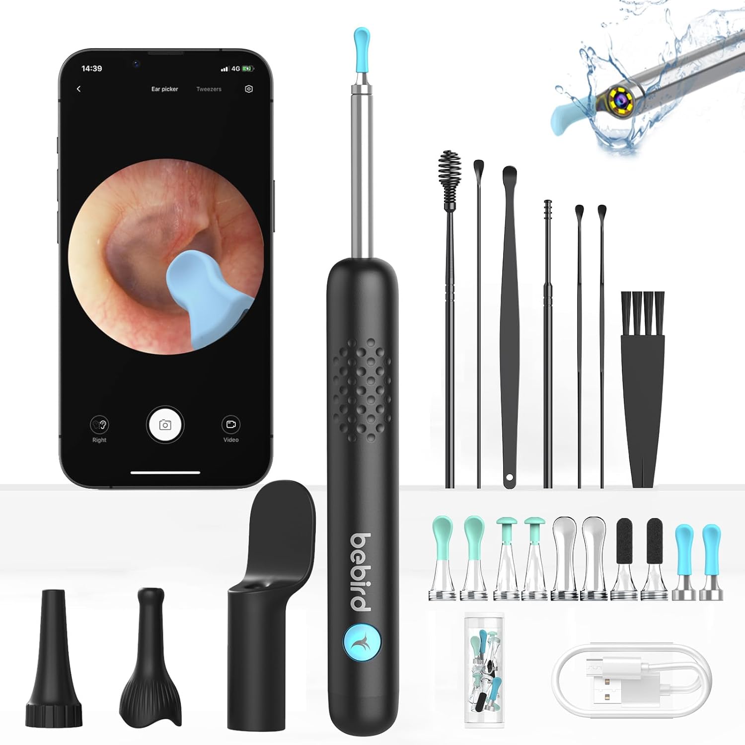 Black Ear Wax Removal Tool with Ear Camera and 10 Replacement Tips A651