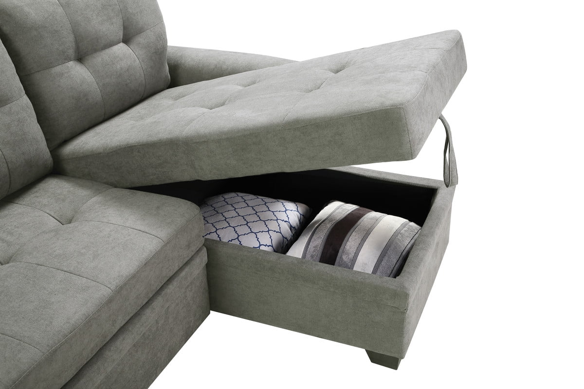 Light Gray Fabric Reversible Sectional Sleeper Sofa Chaise with Storage P997006
