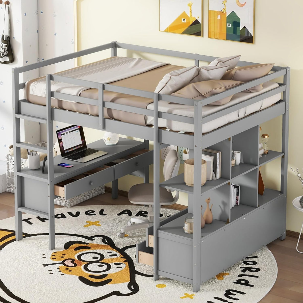 Full Size Solid Wood Loft Bed with Desk and 2 Drawers, Grey Q105