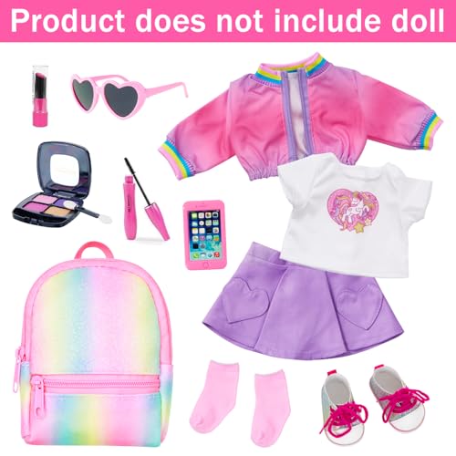 18 Inch Doll Clothes and Makeup Accessories Set with Rainbow Backpack A20017