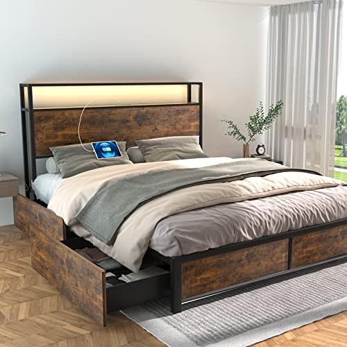 Full Size Metal Bed Frame with Storage Drawers, Rustic Brown X322