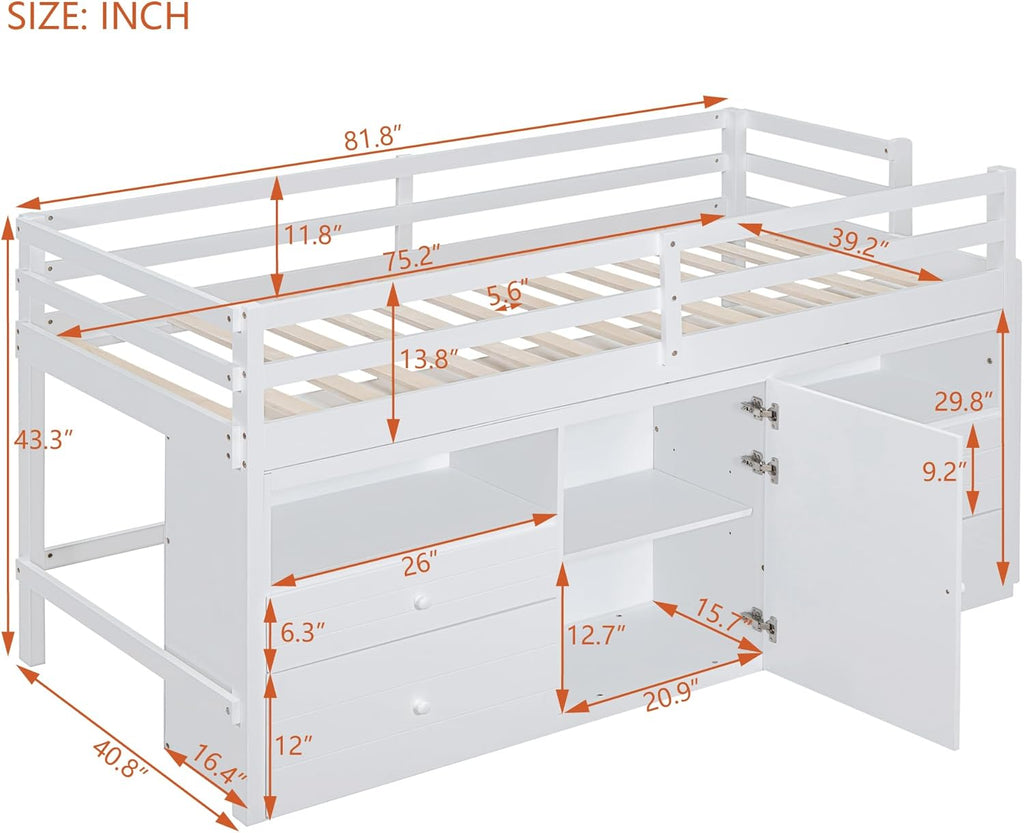 White Wooden Twin Size Loft Bed with 4 Drawers W35536