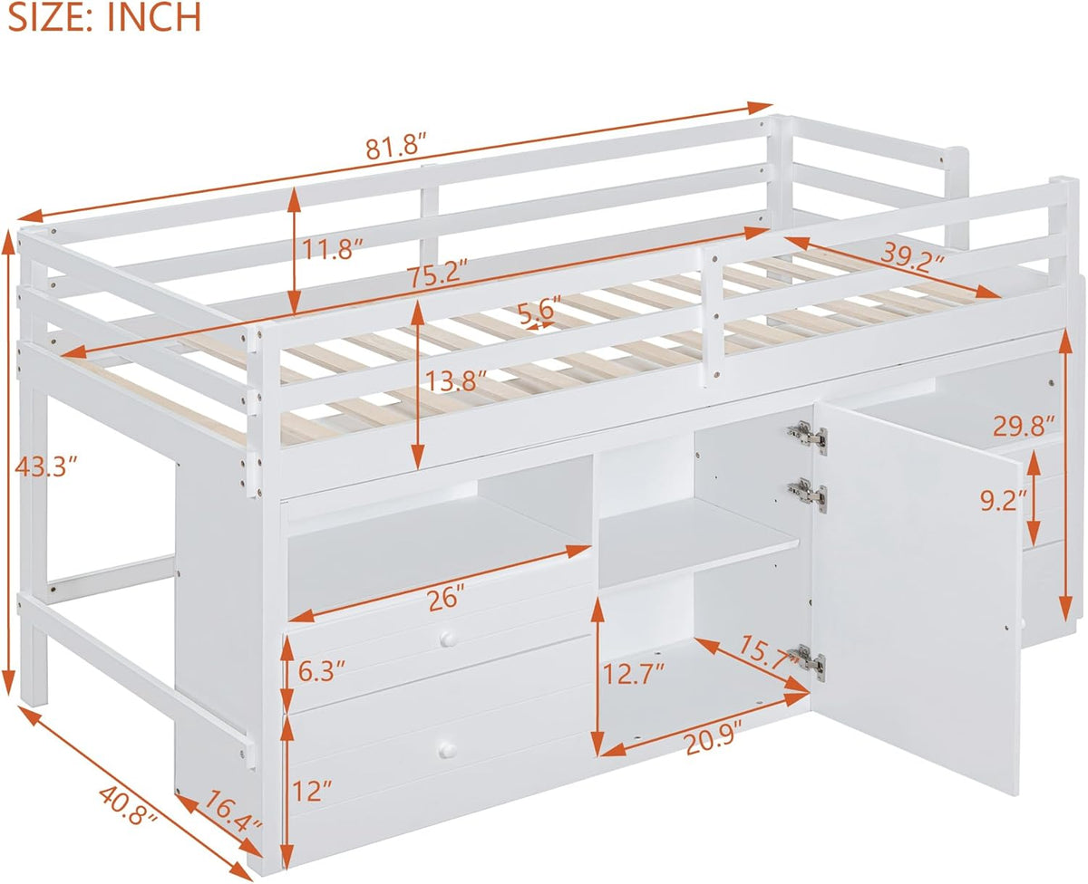 White Wooden Twin Size Loft Bed with 4 Drawers W35536
