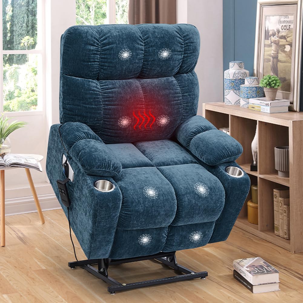 Blue Dual Motor Power Lift Recliner Chair with Remote Control Massage and Heat Cup Holder H384222