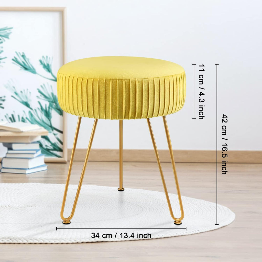 Yellow Velvet Round Vanity Chair with Golden Metal Legs B716