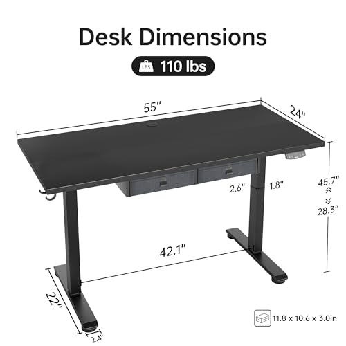 White 63 x 24 Inches Adjustable Height Electric Standing Desk with 2 Drawers M320