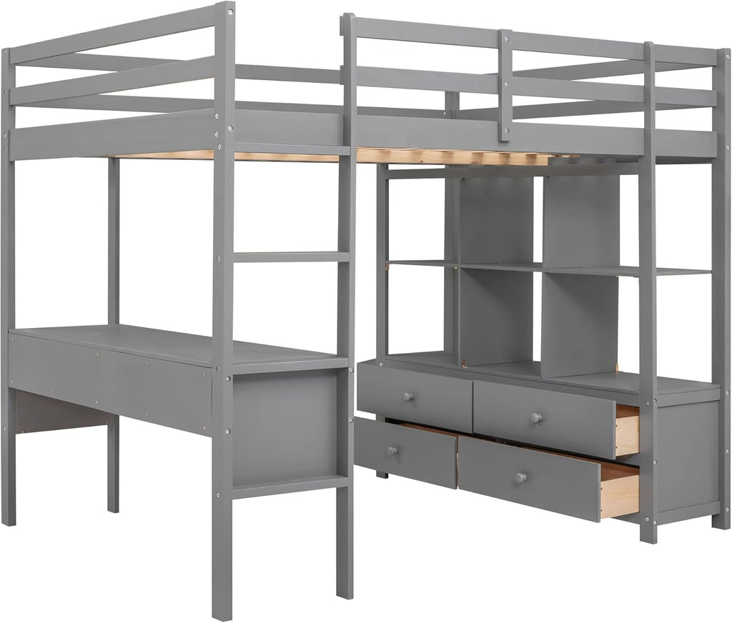 Full Size Solid Wood Loft Bed with Desk and 2 Drawers, Grey Q105