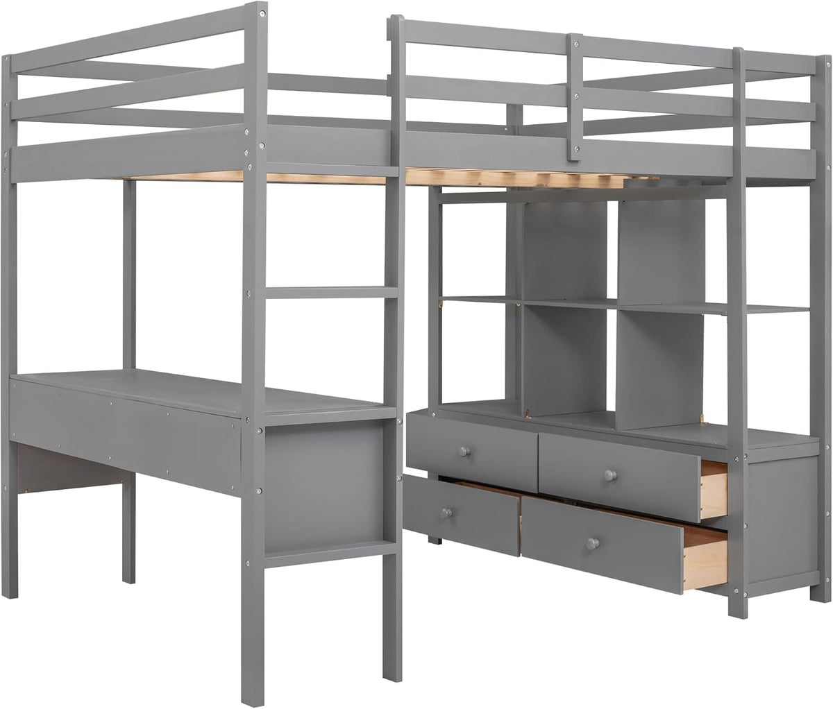 Full Size Solid Wood Loft Bed with Desk and 2 Drawers, Grey Q105