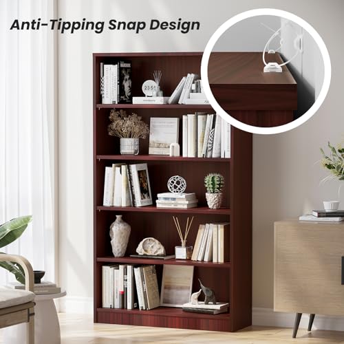 5 Shelf Wooden Bookcase, 60 Inch Height, Cherry P7194