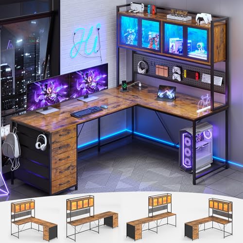 White L Shaped Gaming Desk with Drawers and Hutch S7705
