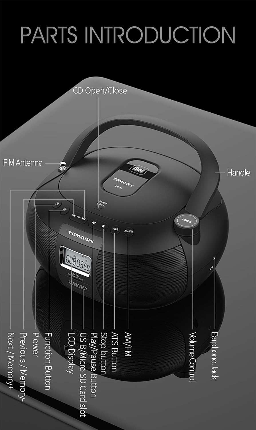 Black Portable CD Player Boombox J604
