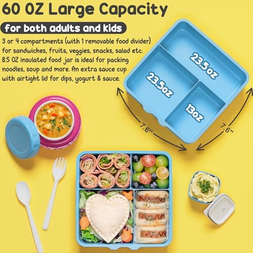 3-4 Compartment 60OZ Bento Box with Leakproof 8OZ Insulated Food Jar I550