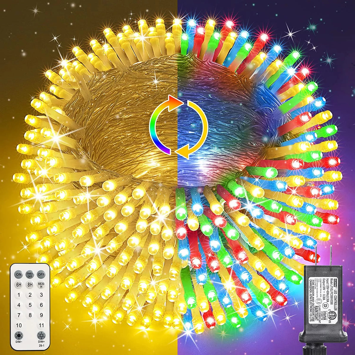 200 LED Warm White Multicolor Christmas String Lights with Remote E745588
