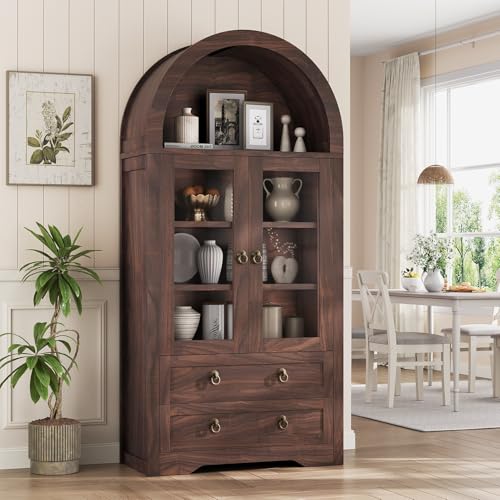 Brown Arched Bookshelf Pantry Storage Cabinet with Drawers Doors and Shelves E577703