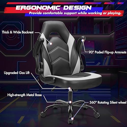 Black White Ergonomic PU Leather Swivel Desk Chair with Flip-up Armrest S98297