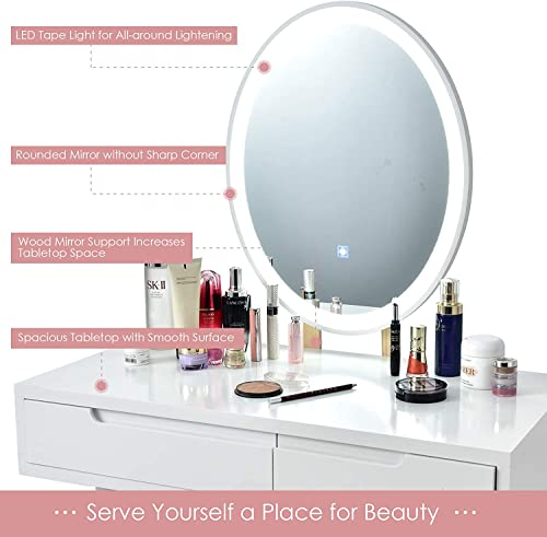 White Wooden Vanity Table Set with 3-Color Lighted Dimming Mirror, Cushioned Stool & 2 Sliding Drawer T59690