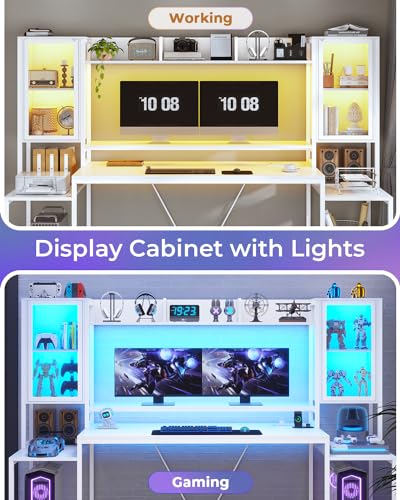 White 74.8'' Gaming Desk with LED Lights, Hutch and Storage Shelves P119