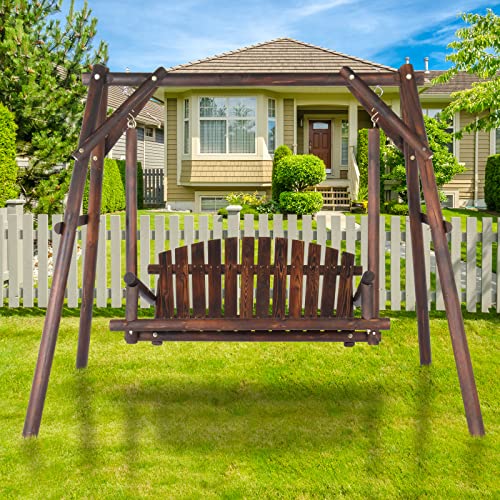 6.5' Outdoor Porch Swing Rustic Loveseat Solid Wooden Natural Log Garden Swing (Carbonized) B65676