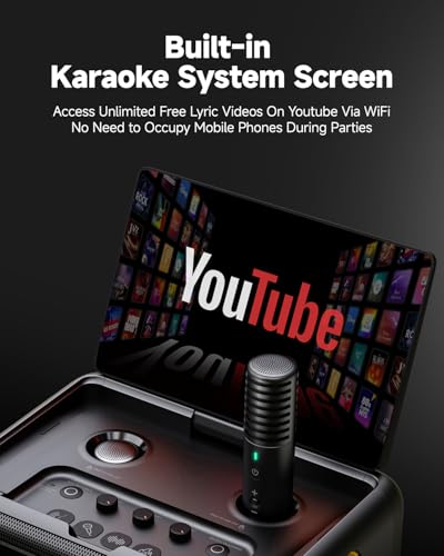 Smart Karaoke Machine with Lyrics Display, 32GB, 2 Wireless Mics, 300W Peak Power, 4 DJ Lights B568