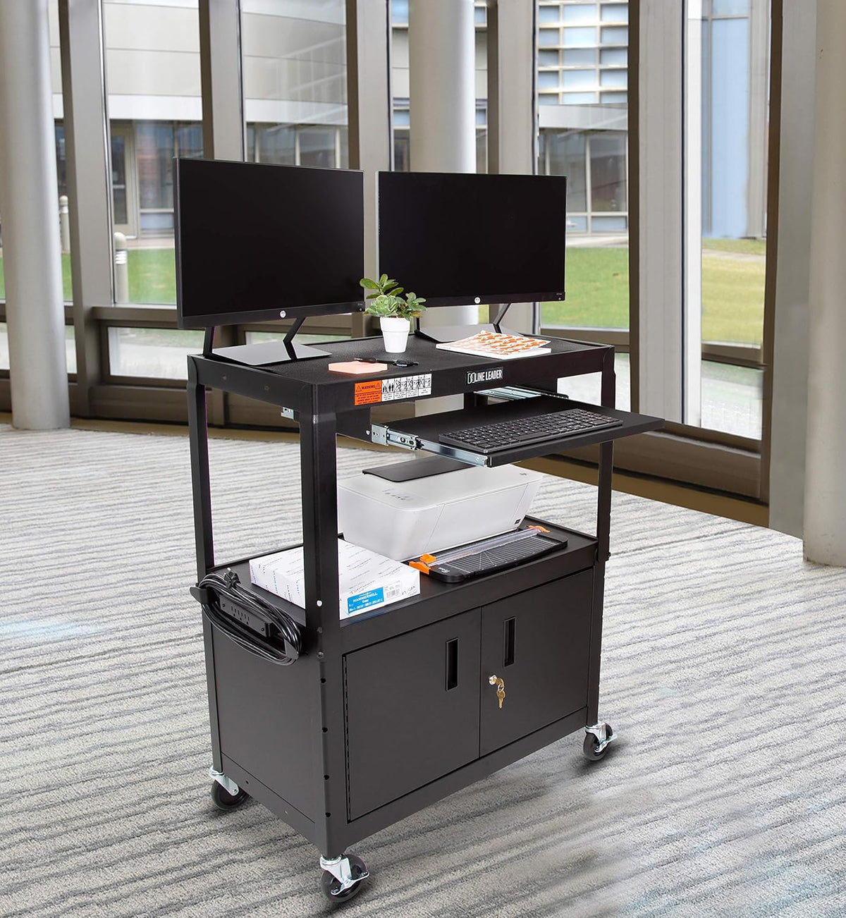 Large AV Cart with Locking Cabinet, Height Adjustable, Black K501938