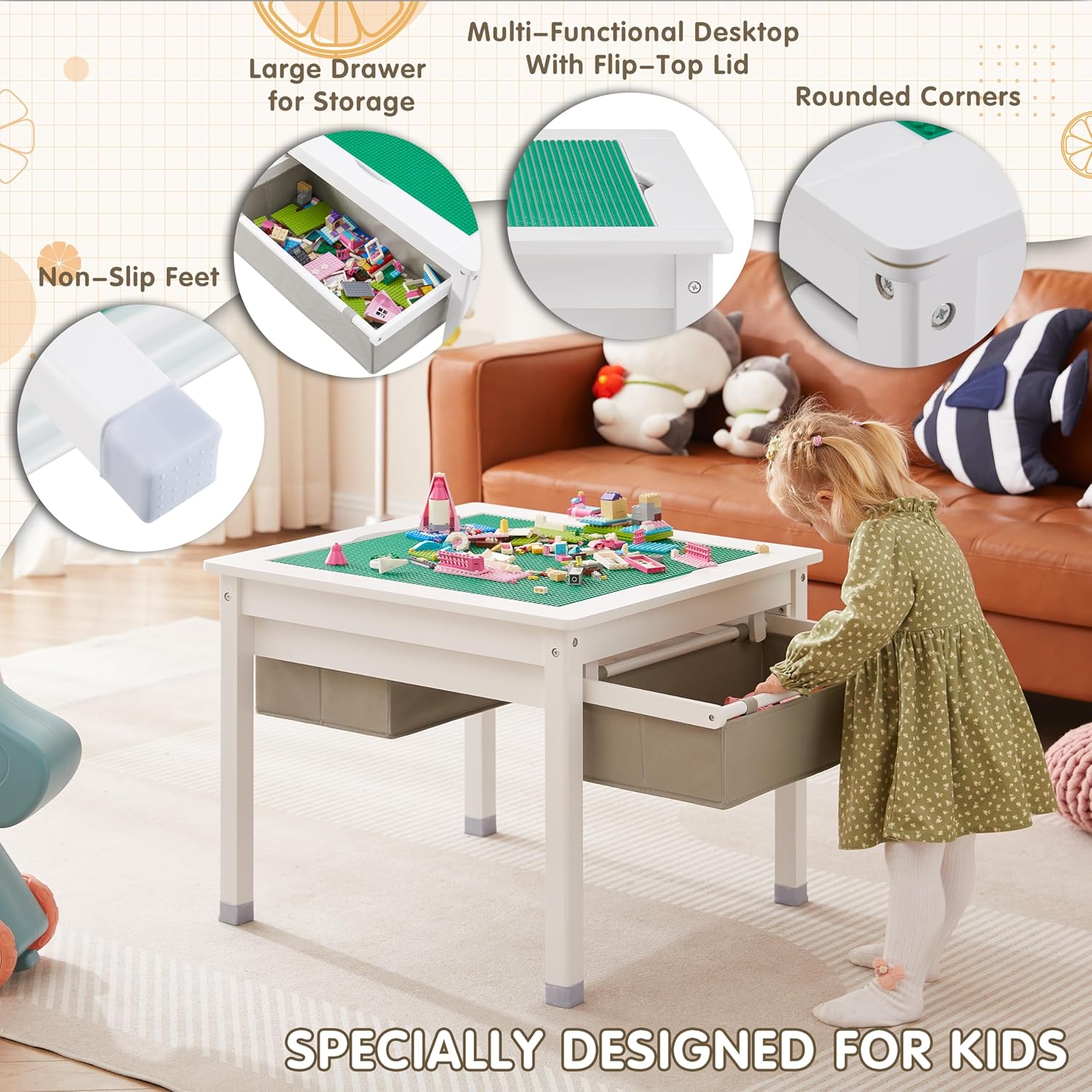 White Wooden Kids Table with Storage Drawers E69320