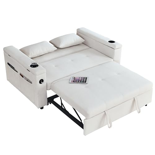 White Chenille 2-Seater Convertible Sofa Bed with USB Power Outlet V797715