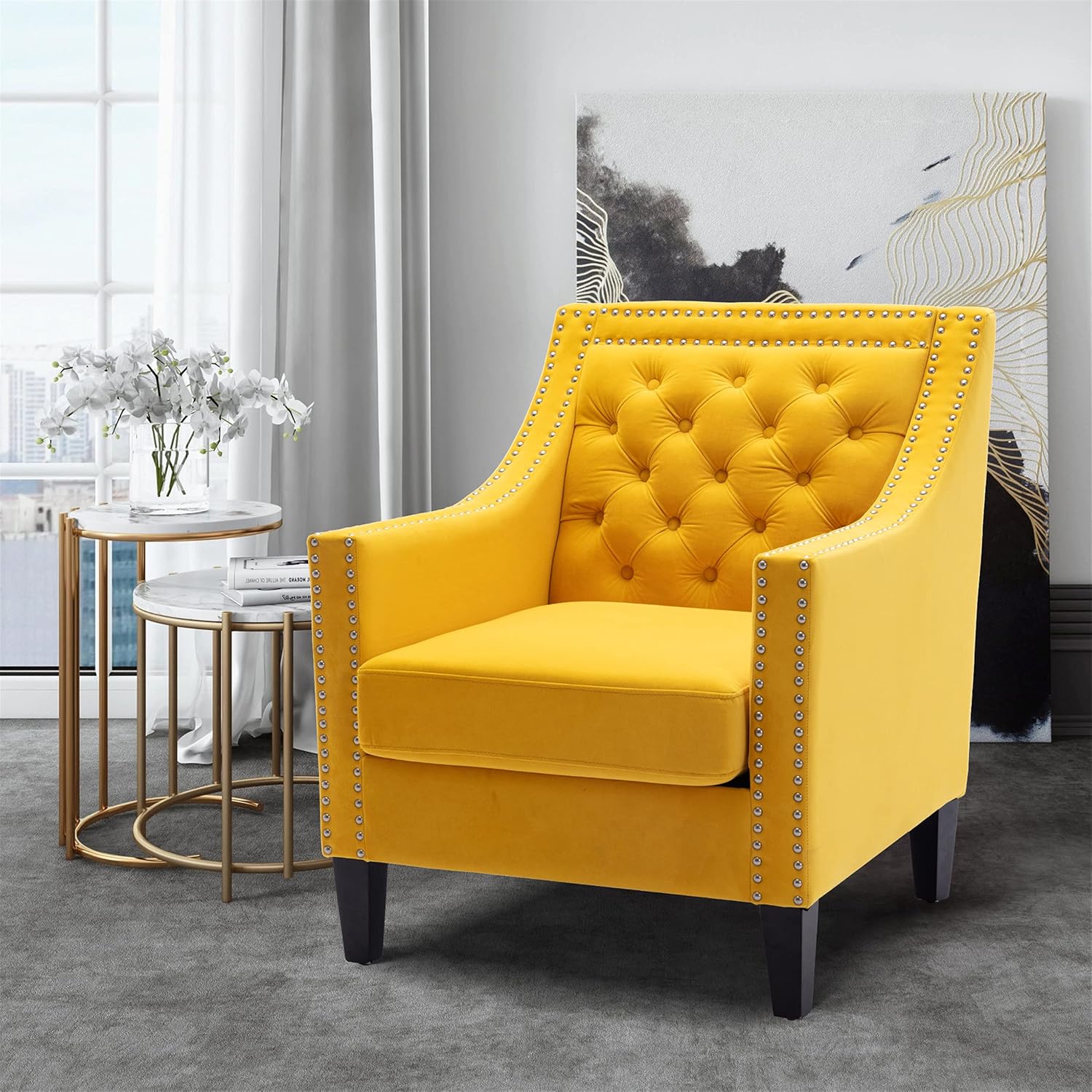 Yellow Velvet Accent Chairs with Wood Legs O42160