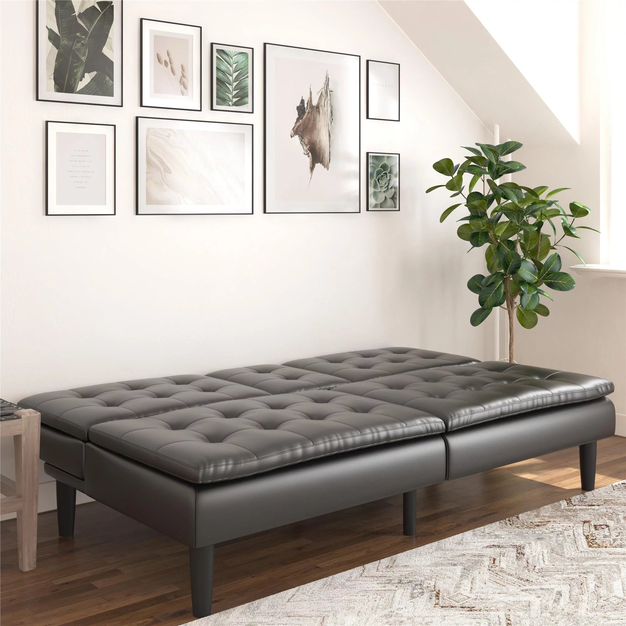 Black Faux Leather Memory Foam Futon with Cupholder and USB O2438