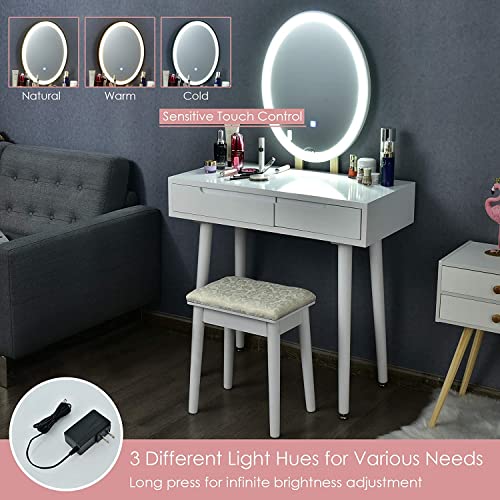 White Wooden Vanity Table Set with 3-Color Lighted Dimming Mirror, Cushioned Stool & 2 Sliding Drawer T59690