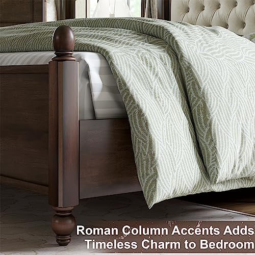 Walnut Queen Size Solid Bed Frame with Upholstered Tufted Headboard K136023