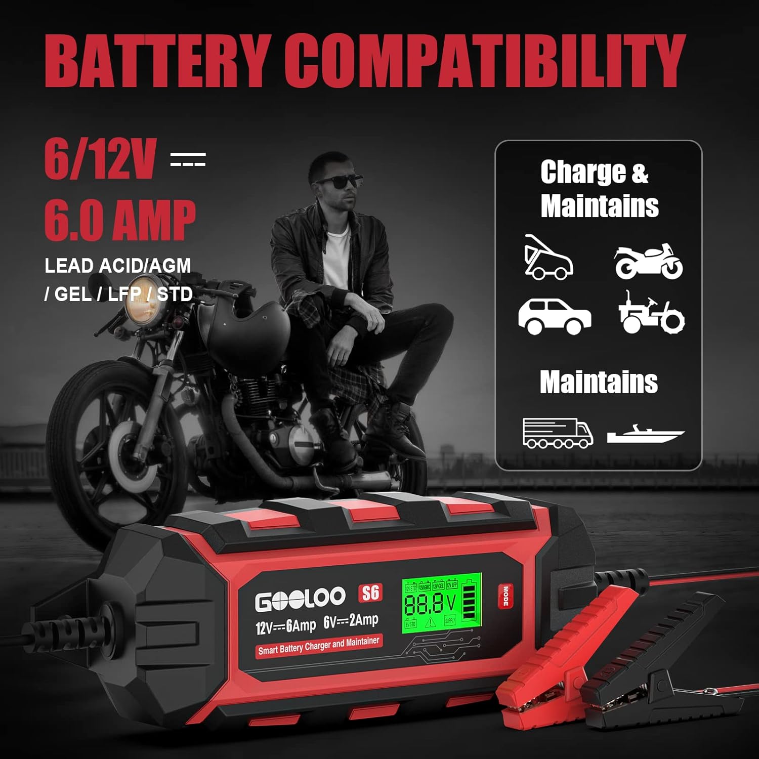 6 Amp 6V 12V Battery Charger Maintainer for Lead-Acid Battery Up to 150Ah LCD Display Pack of 2 J557597