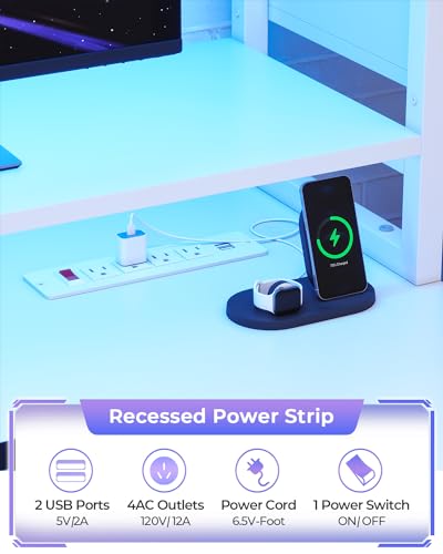 White 74.8'' Gaming Desk with LED Lights, Hutch and Storage Shelves P119