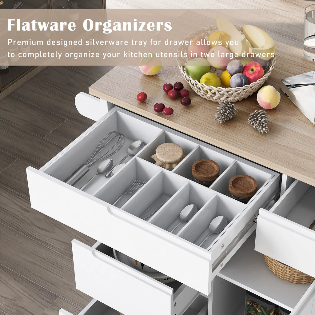 Rolling Kitchen Island with Storage, Rubber Wood Mobile Kitchen Cart with Lockable Wheels, Drawers, Shelves T324419