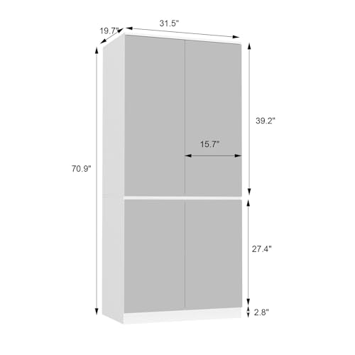 White 4 Door Mirrored Wardrobe Closet with Hanging Rod R46740