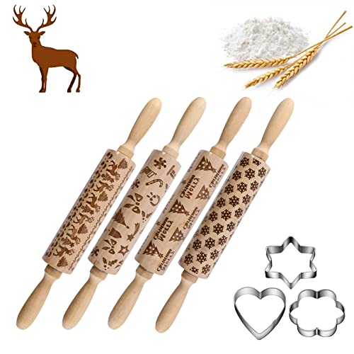 4Pack Christmas Wooden 3D Rolling Pins Embossed L591