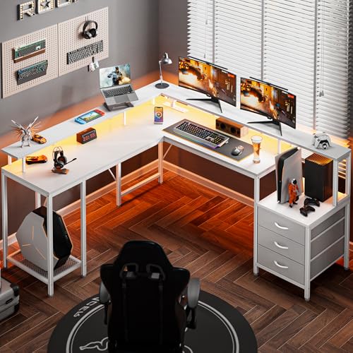Rustic Brown L Shaped Gaming Desk with LED Lights and Power Outlets X766