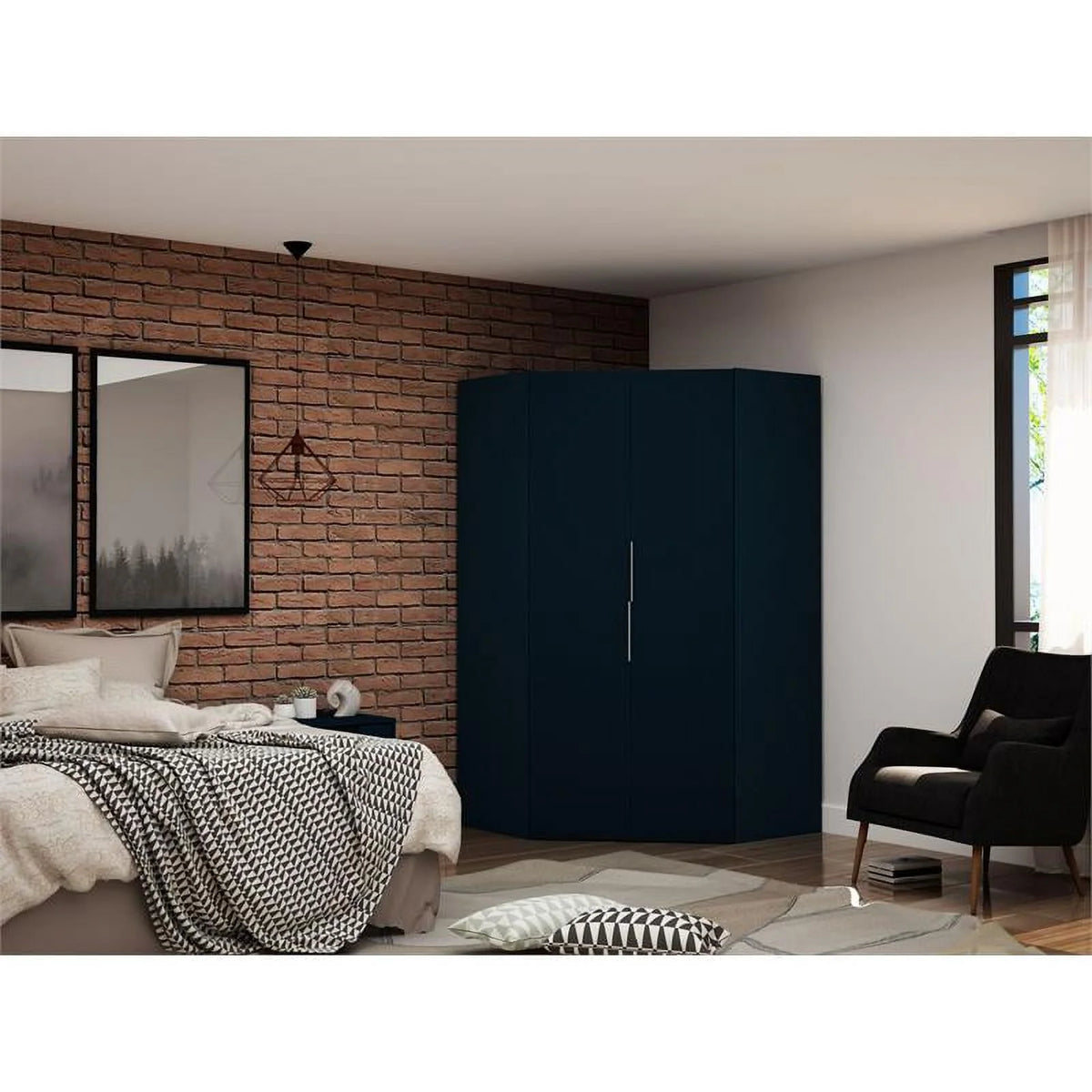 Midnight Blue Wood Corner Wardrobe Closet L7894