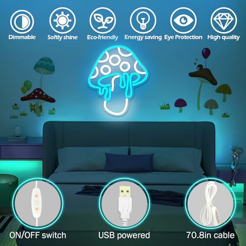 Ice Blue Dimmable Led Mushroom Neon Sign Night Light 3d Wall Art R931634