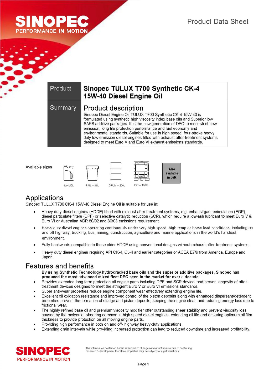 15W40 Synthetic Diesel Engine Oil - 5 Gallon Pail V285
